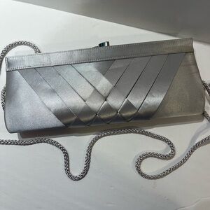 Crossover satin rhinestone woven 9” clutch Kate Landry top closure silver.